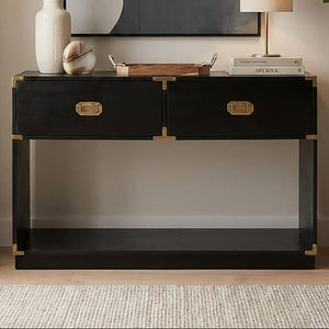 Black Mango Wood 2-Drawer Console Table with Gold-Tone Handles, Sarter
