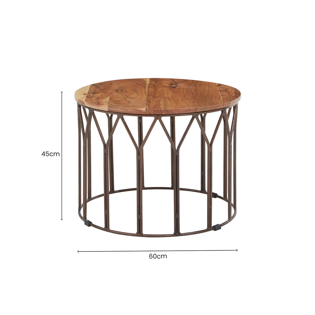 Natural Solid Acacia Wood Round Coffee Table with Dark Geometric Lattice Metal Frame, Boho