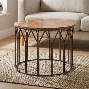 Natural Solid Acacia Wood Round Coffee Table with Dark Geometric Lattice Metal Frame | Boho