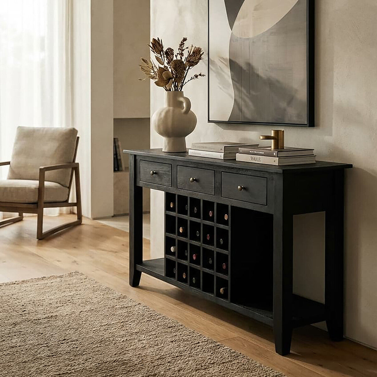 Black Mango Wood Console Table with 20-Bottle Wine Storage and 3 Drawers, Fusion