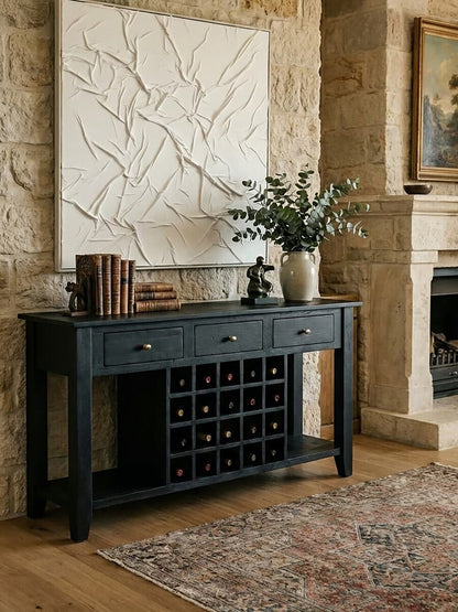 Black Mango Wood Console Table with 20-Bottle Wine Storage and 3 Drawers, Fusion