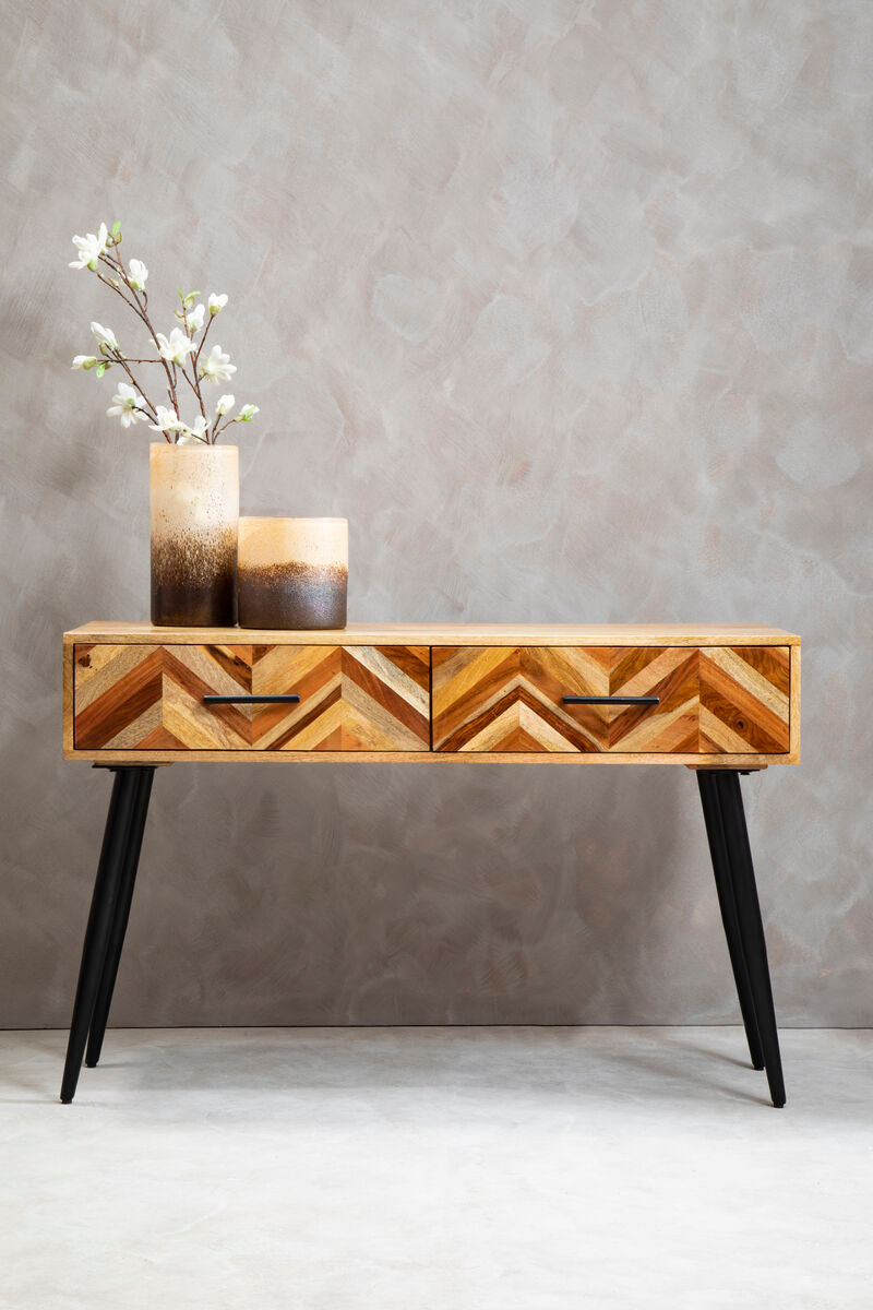 Mango Wood 2-Drawer Console Table with Multi Tonal Chevron Front and Black Iron Legs, Boho