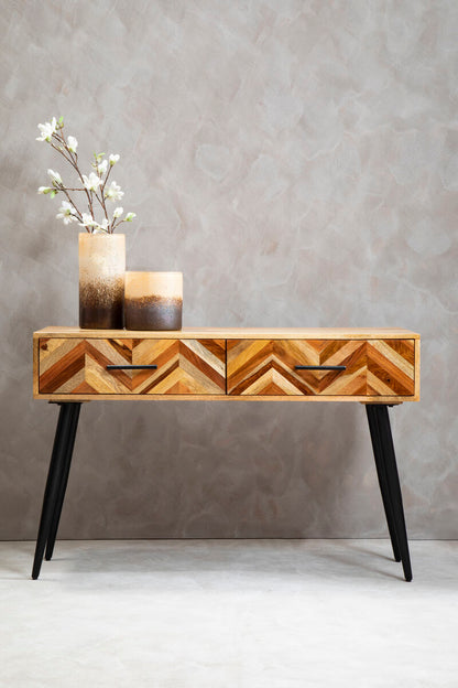 Mango Wood 2-Drawer Console Table with Multi Tonal Chevron Front and Black Iron Legs, Boho