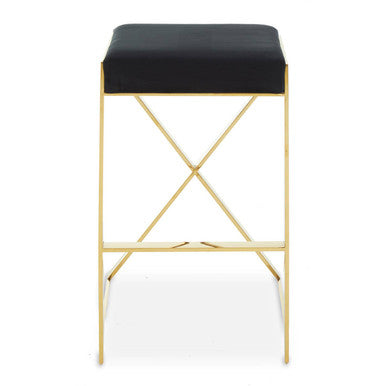 Bar stool with black cushioned seat and gold metal frame on a white background