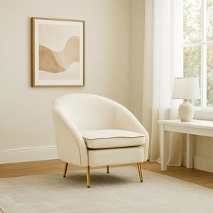 Yasmeen Beige Velvet Tub Armchair with Gold Finish Metal Legs