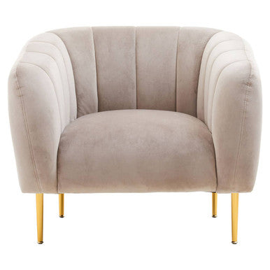Beige armchair with gold legs on a white background