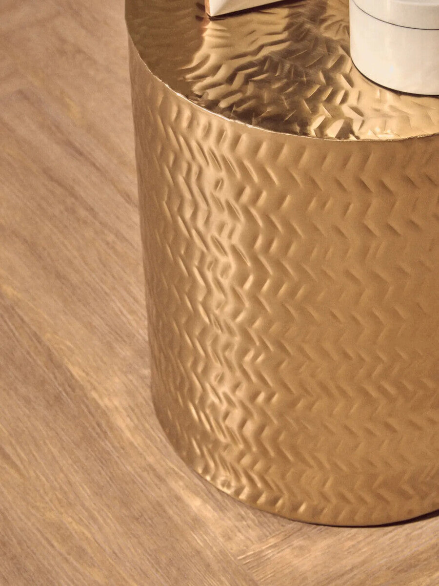 Set of 2 Gold Metallic Cylindrical Side Tables and Stools with Chevron Textured Surface, Templar