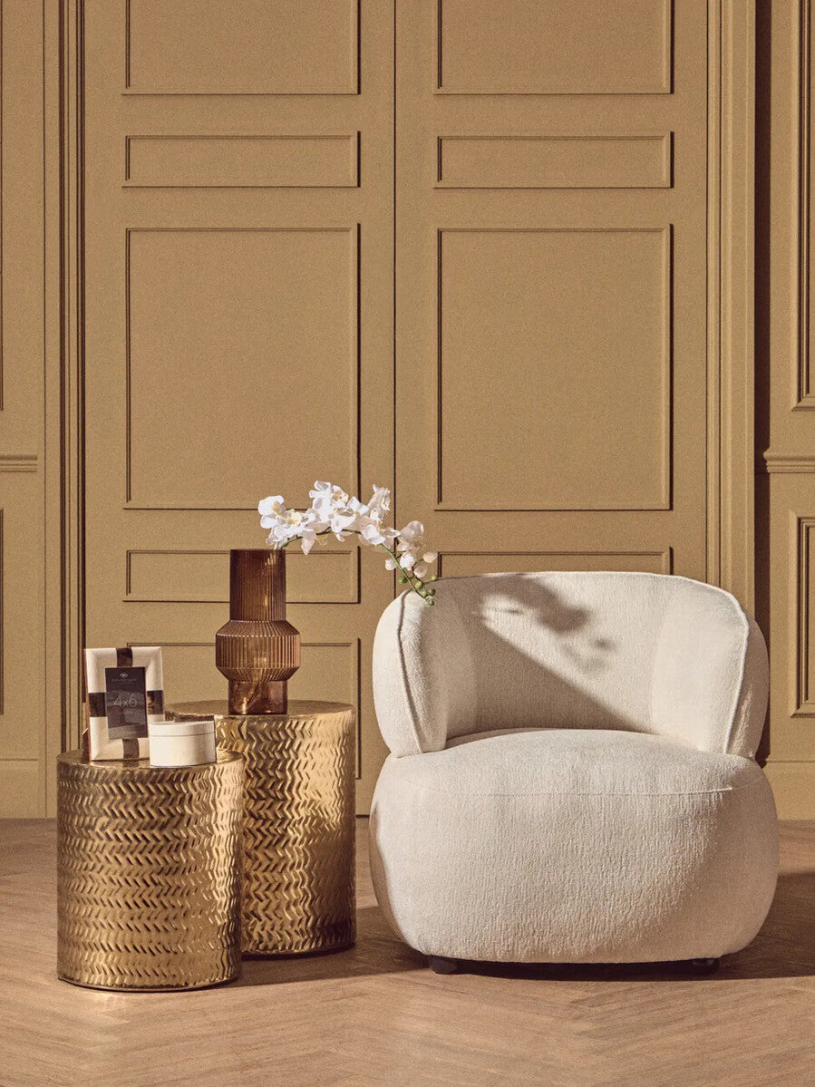 Set of 2 Gold Metallic Cylindrical Side Tables and Stools with Chevron Textured Surface, Templar