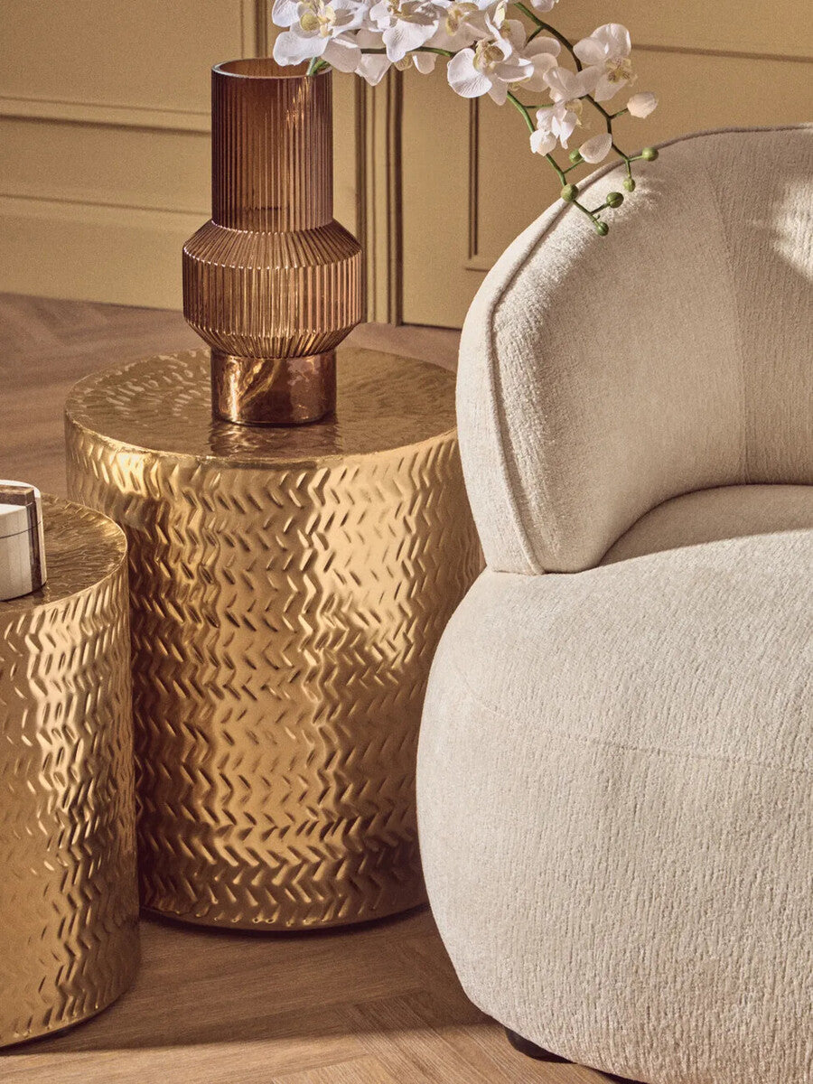Set of 2 Gold Metallic Cylindrical Side Tables and Stools with Chevron Textured Surface, Templar
