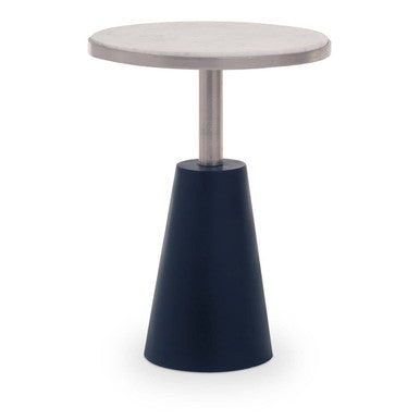 Small round table with a gray top and navy base on a white background