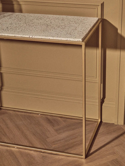 Gold Finish Metal Console Table with White Marble Rectangular Top, Templar