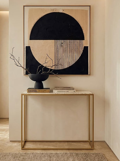 Gold Finish Metal Console Table with White Marble Rectangular Top, Templar