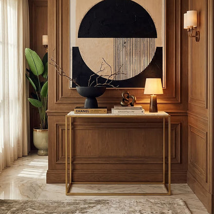 Gold Finish Metal Console Table with White Marble Rectangular Top, Templar