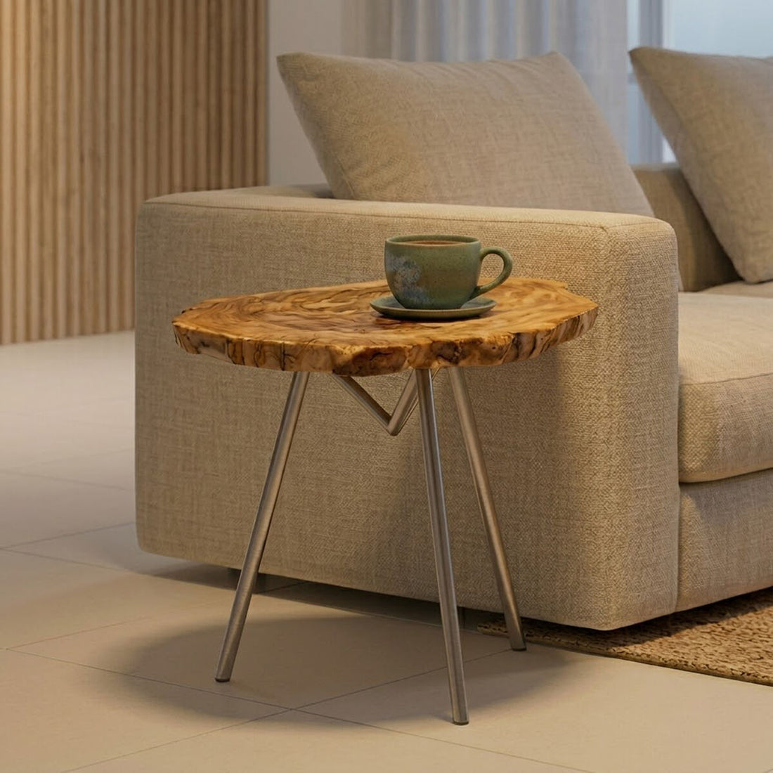Natural Large Rustic Petrified Wood Top Side Table with Silver Finish Metal Frame | Relic