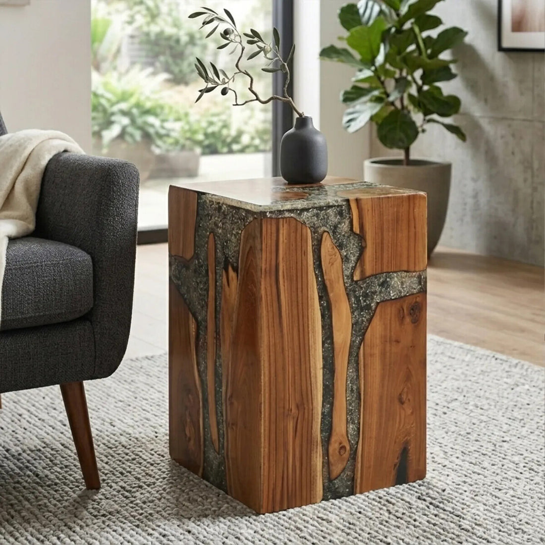 Sakra Teak Wood and Resin Side Table and Stool