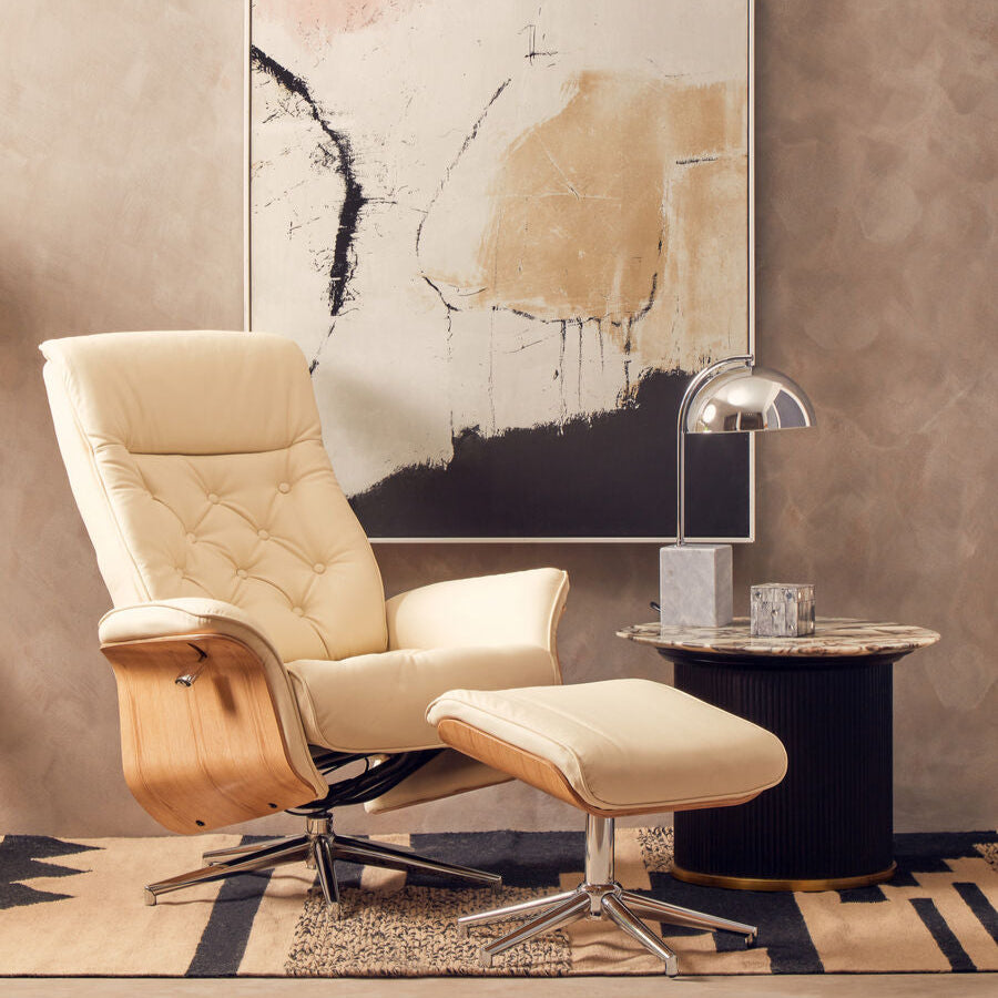 Warrington Ivory Leather Effect Recliner And Footstool