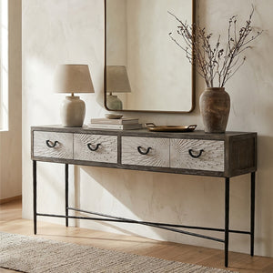 Dark Mud Grey Elm Wood 4-Drawer Console Table Textured Drawer Fronts and Antique Metal Legs, Milan