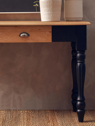 Natural Oak Veneer Top 2-Drawer Console Table with Black Knopped Birchwood Legs and Silver Cupped Handles, Kensington Townhouse