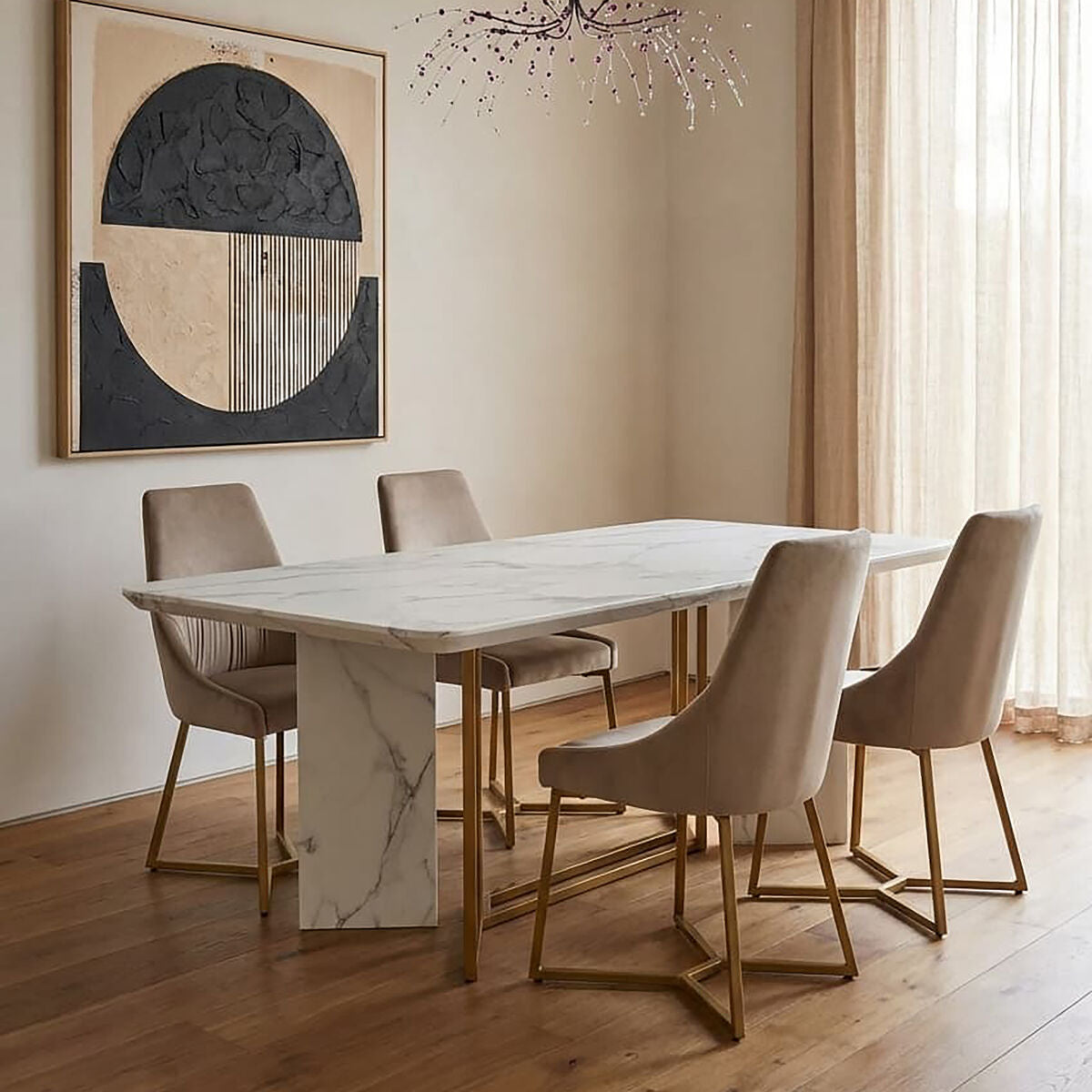 White Marble Top Rectangular Dining Table with Gold Finish Intersecting Base, Vieste