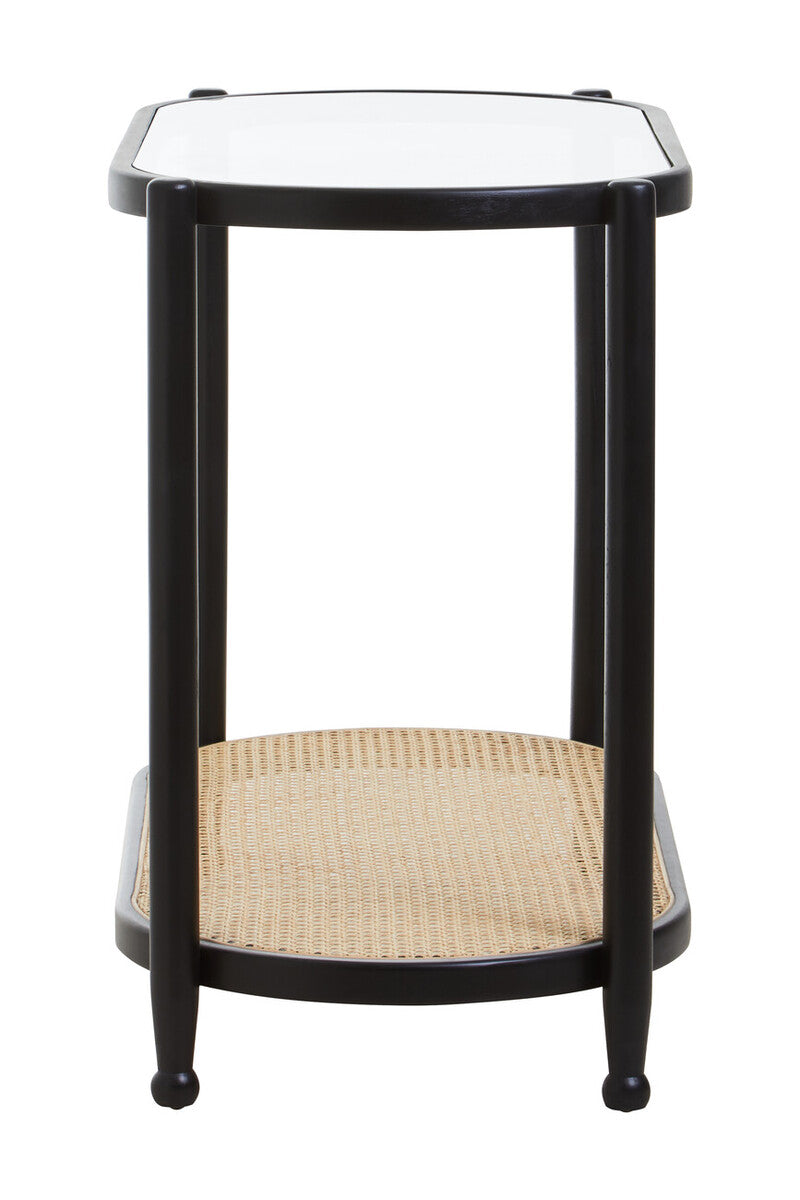 Black Elm Wooden Frame and Clear Glass Top 2-Tier Console Table with Natural Rattan Shelf, Cebu