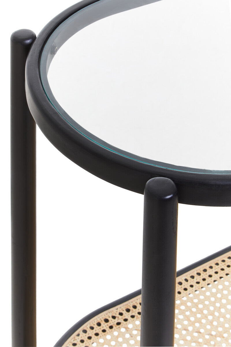 Black Elm Wooden Frame and Clear Glass Top 2-Tier Console Table with Natural Rattan Shelf, Cebu