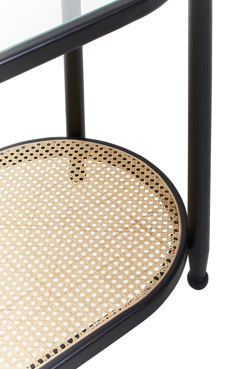 Black Elm Wooden Frame and Clear Glass Top 2-Tier Console Table with Natural Rattan Shelf, Cebu