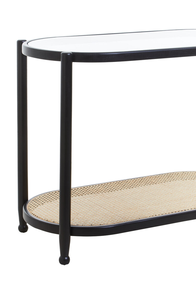 Black Elm Wooden Frame and Clear Glass Top 2-Tier Console Table with Natural Rattan Shelf, Cebu