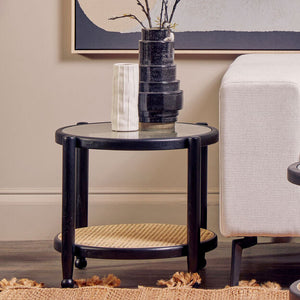 Black Elm Wood Side Table with Glass Top and Cane Open Weave Lower Shelf, Cebu
