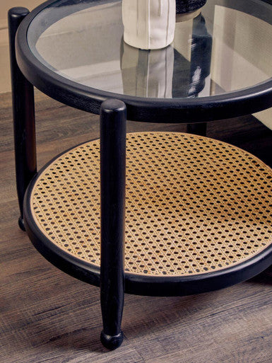 Black Elm Wood Side Table with Glass Top and Cane Open Weave Lower Shelf, Cebu