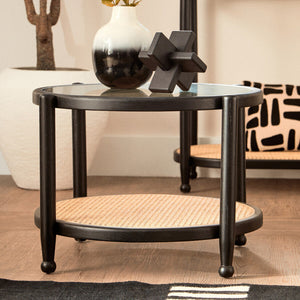 Cebu Black Wood and Natural Rattan Round Coffee Table