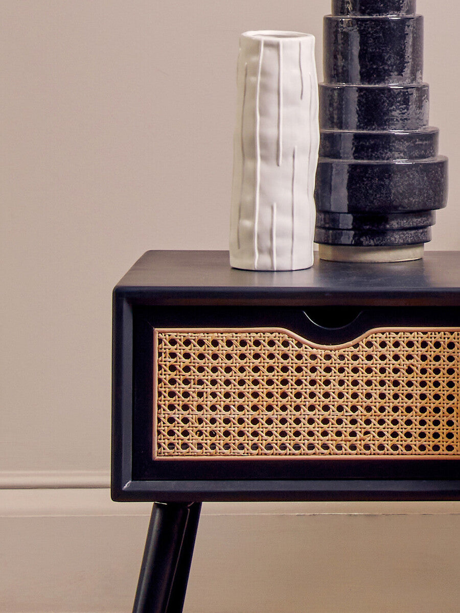 Black Elm Wood Side Table with Natural Cane Weave 1 Drawer and Angular Legs, Cebu