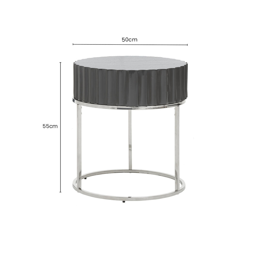 Grey Gloss Round Fluted Top Side Table with Silver Stainless Steel Frame, Genoa