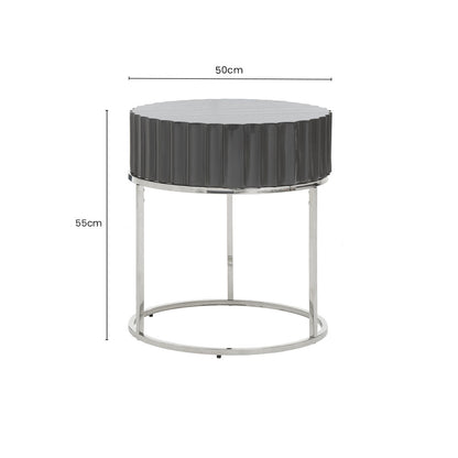 Grey Gloss Round Fluted Top Side Table with Silver Stainless Steel Frame, Genoa