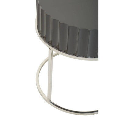 Grey Gloss Round Fluted Top Side Table with Silver Stainless Steel Frame, Genoa