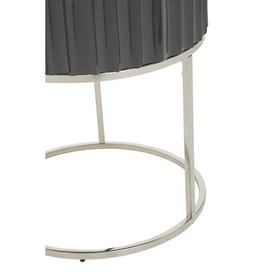 Grey Gloss Round Fluted Top Side Table with Silver Stainless Steel Frame, Genoa