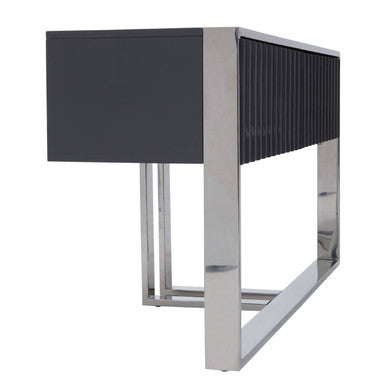 Grey Gloss Finish Fluted Top Console Table with 2 Drawers and Silver Steel Frame, Genoa