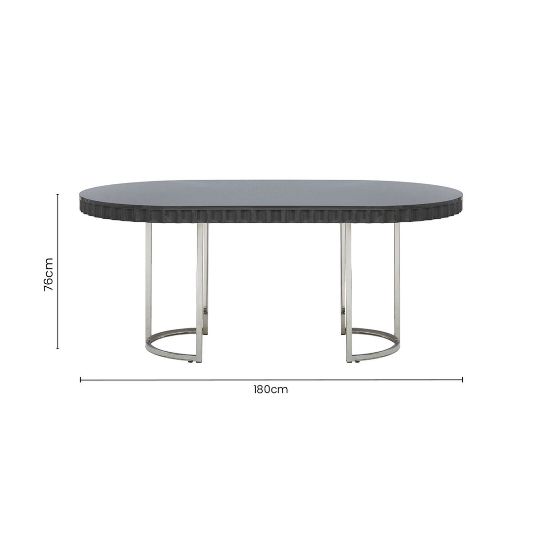 Grey High Gloss Oval Dining Table with Fluted Edge and Polished Stainless Steel Sledge Base, Genoa