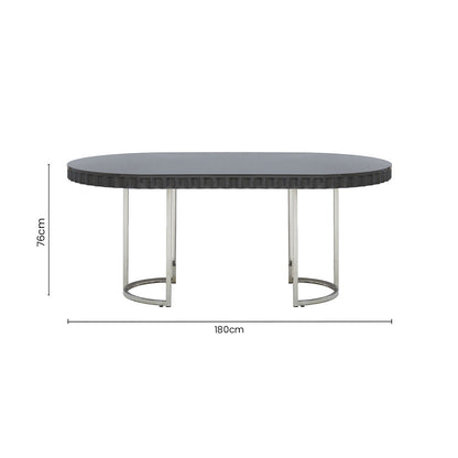 Grey High Gloss Oval Dining Table with Fluted Edge and Polished Stainless Steel Sledge Base, Genoa
