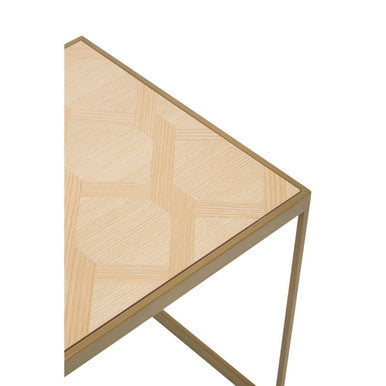 Natural Oak Veneer Small Side Table with Brown Brushed Brass Steel Sledge Base, Grenoble