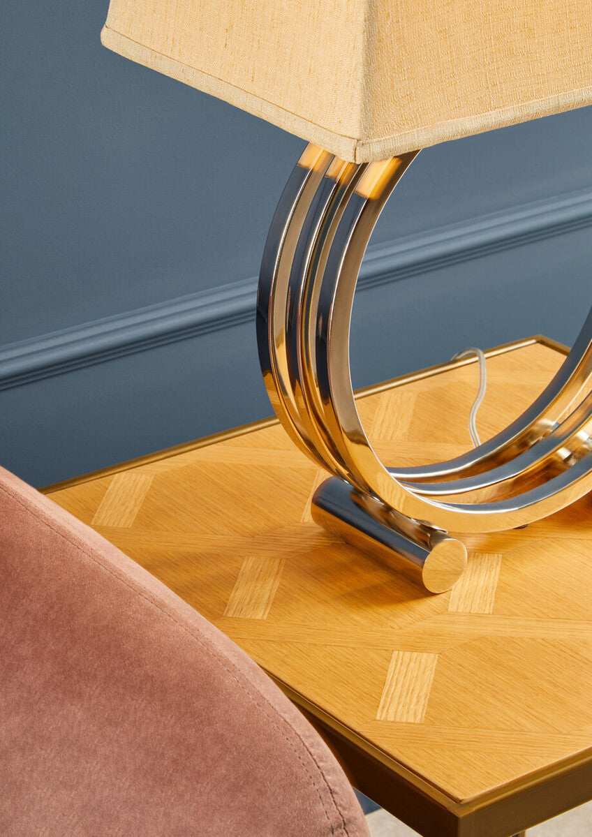 Natural Oak Veneer Large Side Table with Brown Brushed Brass Steel Sledge Base, Grenoble