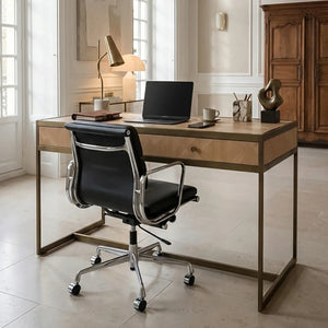 Grenoble Oak Veneer 2 Drawer Desk with Brushed Brass Frame