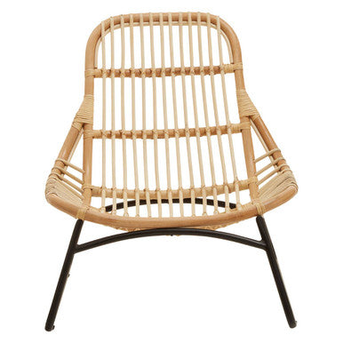 Wicker chair with black metal legs on a white background