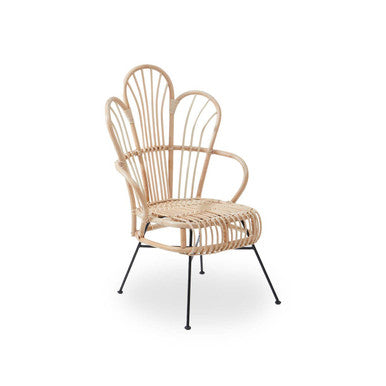 Wicker armchair with black metal legs on a white background