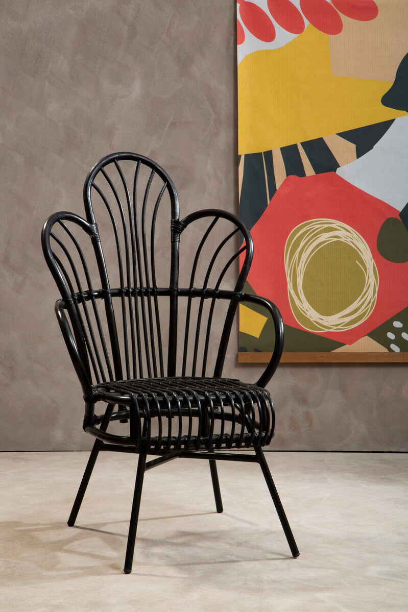 Java Black Natural Rattan And Black Metal Scalloped Back Chair