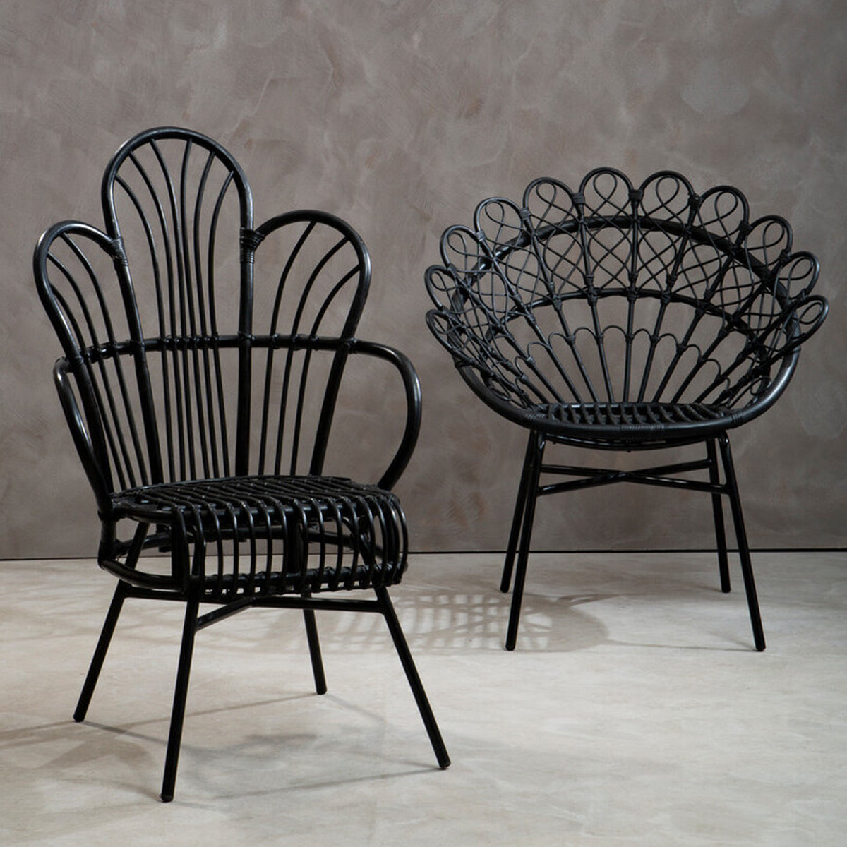 Java Black Natural Rattan And Black Metal Scalloped Back Chair