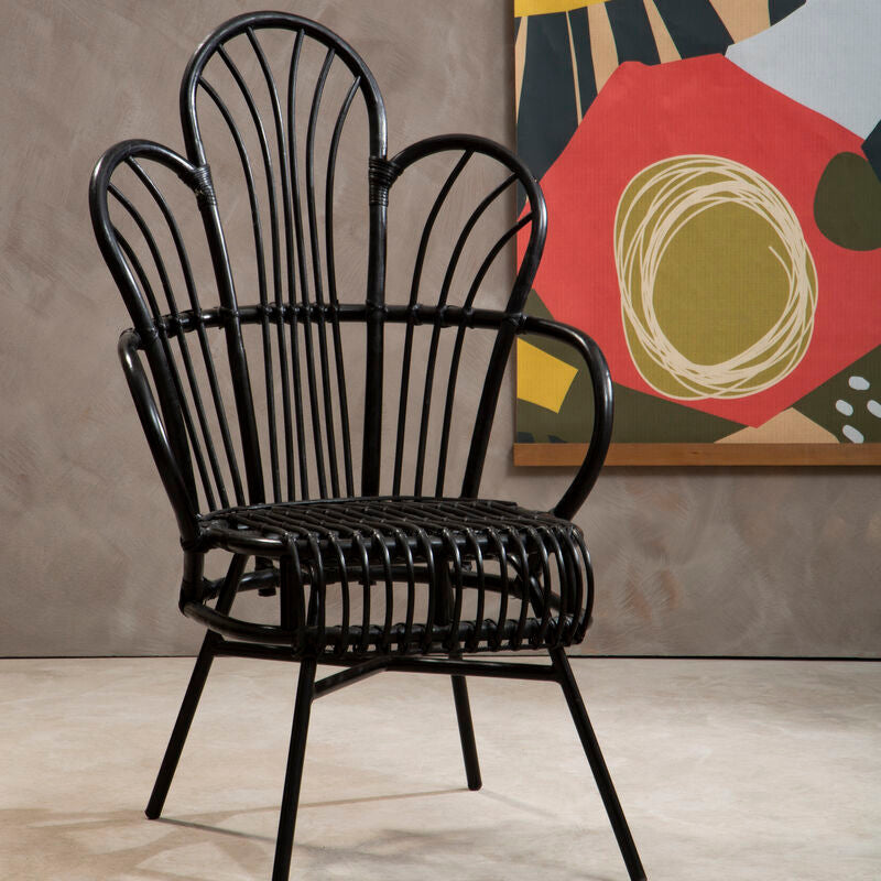 Java Black Natural Rattan And Black Metal Scalloped Back Chair
