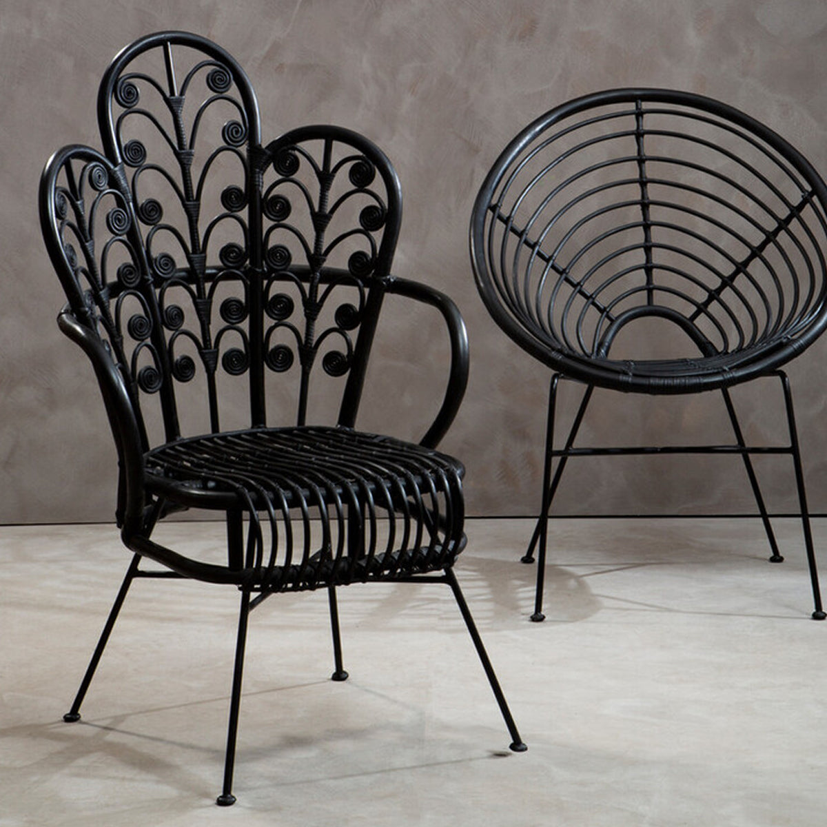 Java Black Natural Rattan Scalloped Back Chair