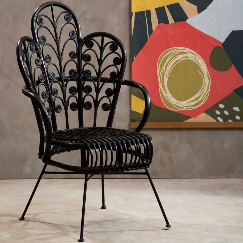 Java Black Natural Rattan Scalloped Back Chair