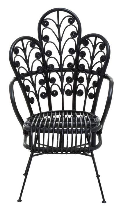 Black metal and wicker chair with decorative backrest on a white background