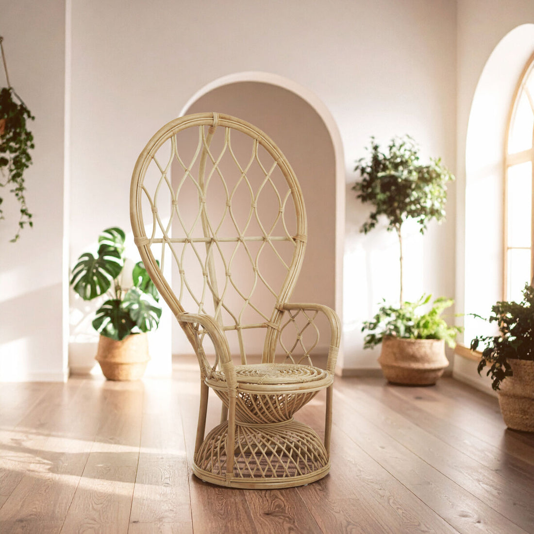 Wicker chair in a room with plants
